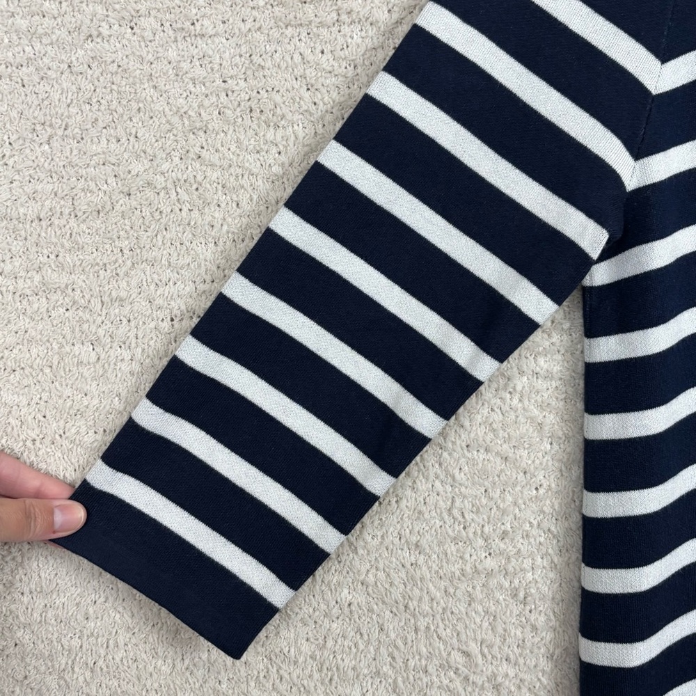 J. McLaughlin Dress Women M Navy White Stripe Merilee 3/4 Sleeve Mock Neck Swing - Picture 4 of 14